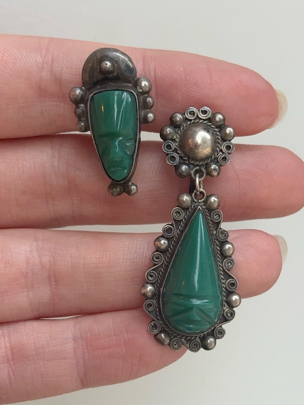 Sterling Silver Asymmetrical Vintage Mexico Screw On Green Onyx Tribal Earrings
